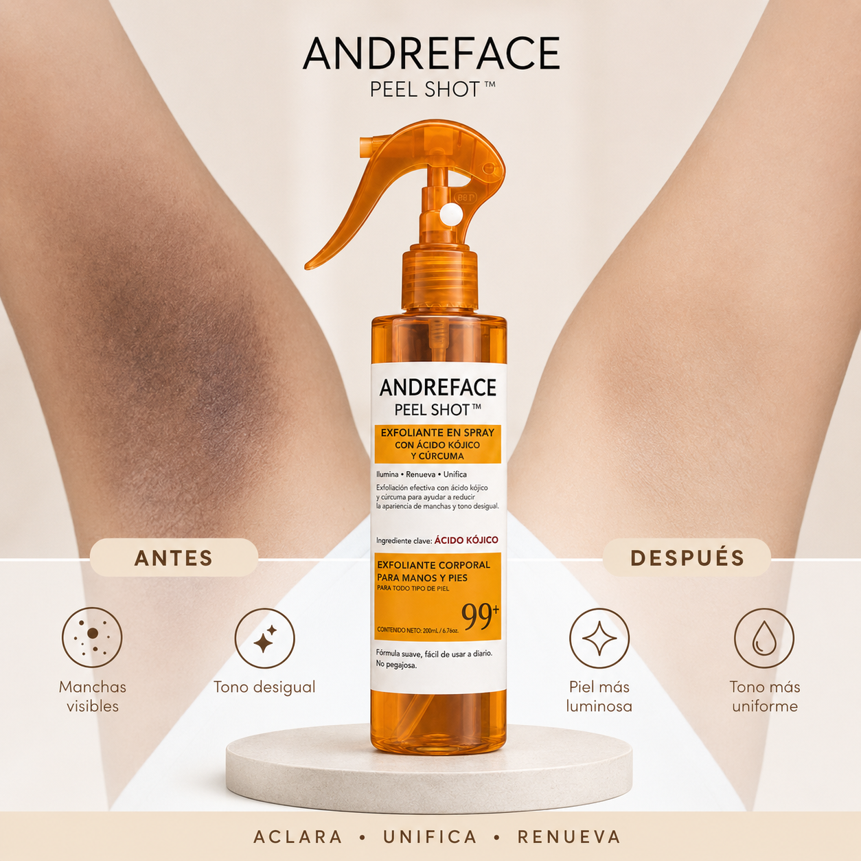 Spray Exfoliante Corporal · Ácido Kójico + Cúrcuma | Piel suave, pareja y luminosa