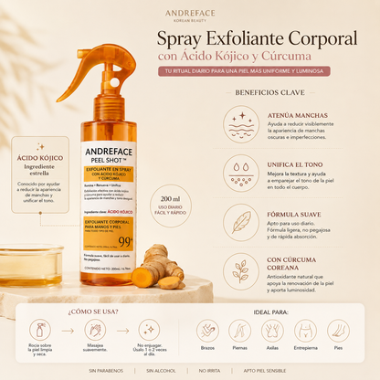 Spray Exfoliante Corporal · Ácido Kójico + Cúrcuma | Piel suave, pareja y luminosa
