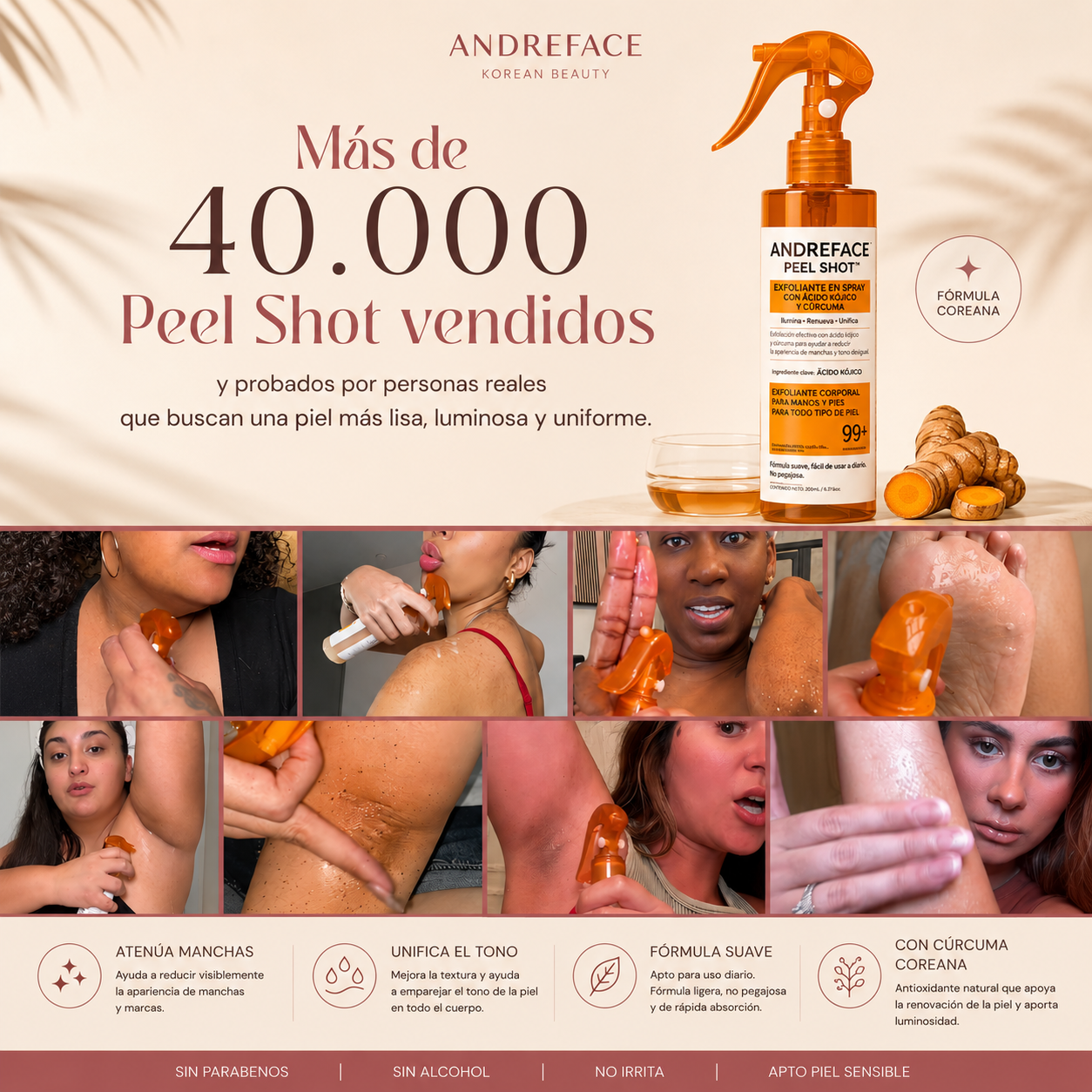 Spray Exfoliante Corporal · Ácido Kójico + Cúrcuma | Piel suave, pareja y luminosa