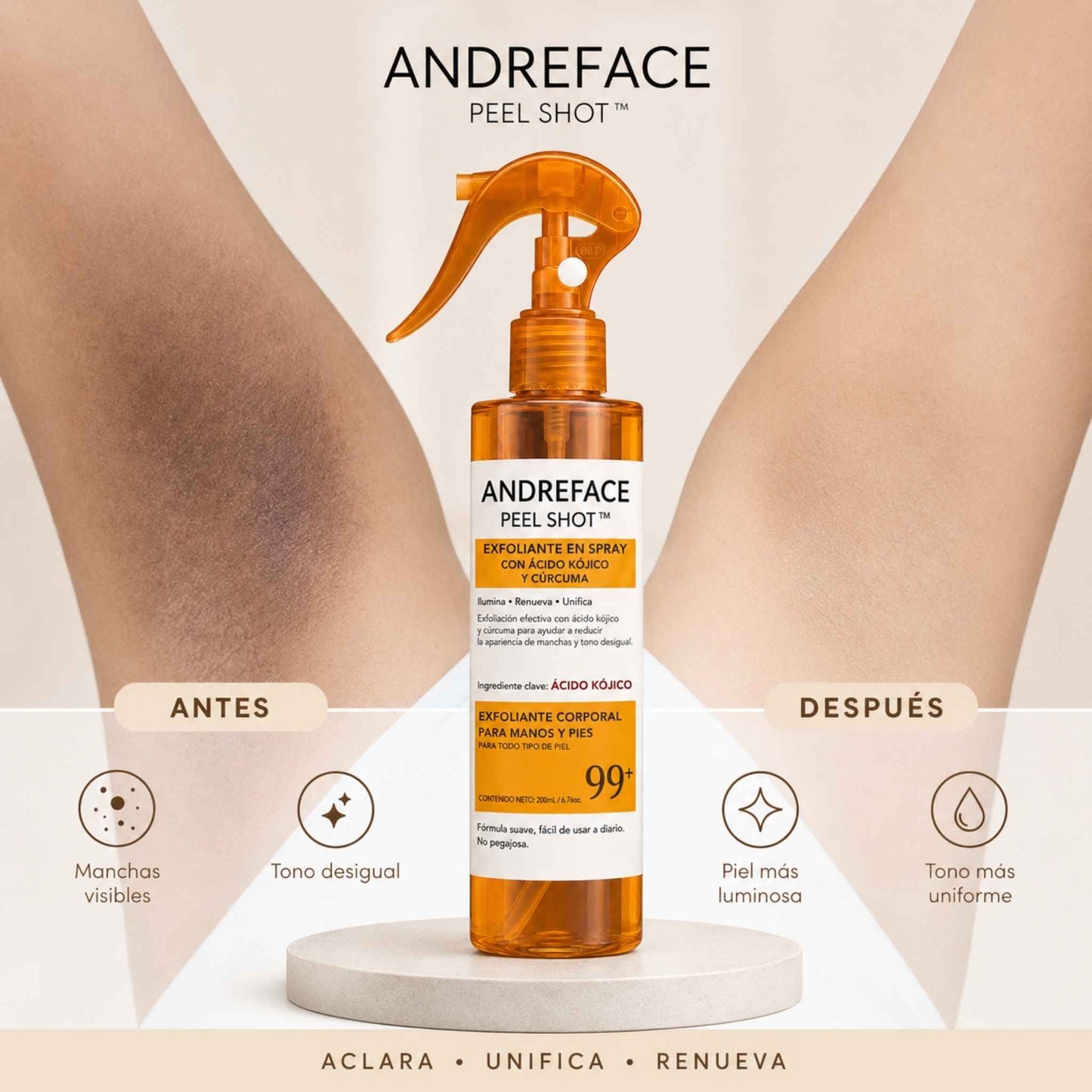 Spray Exfoliante Corporal · Ácido Kójico + Cúrcuma | Piel suave, pareja y luminosa