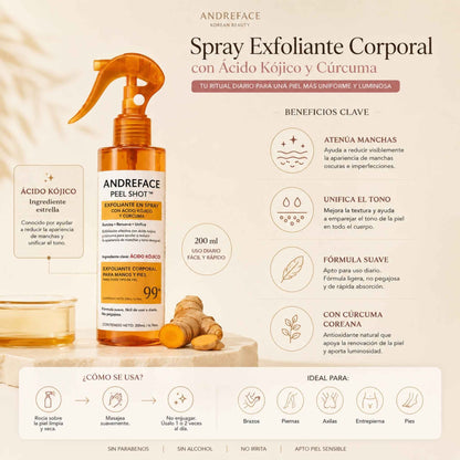 Spray Exfoliante Corporal · Ácido Kójico + Cúrcuma | Piel suave, pareja y luminosa